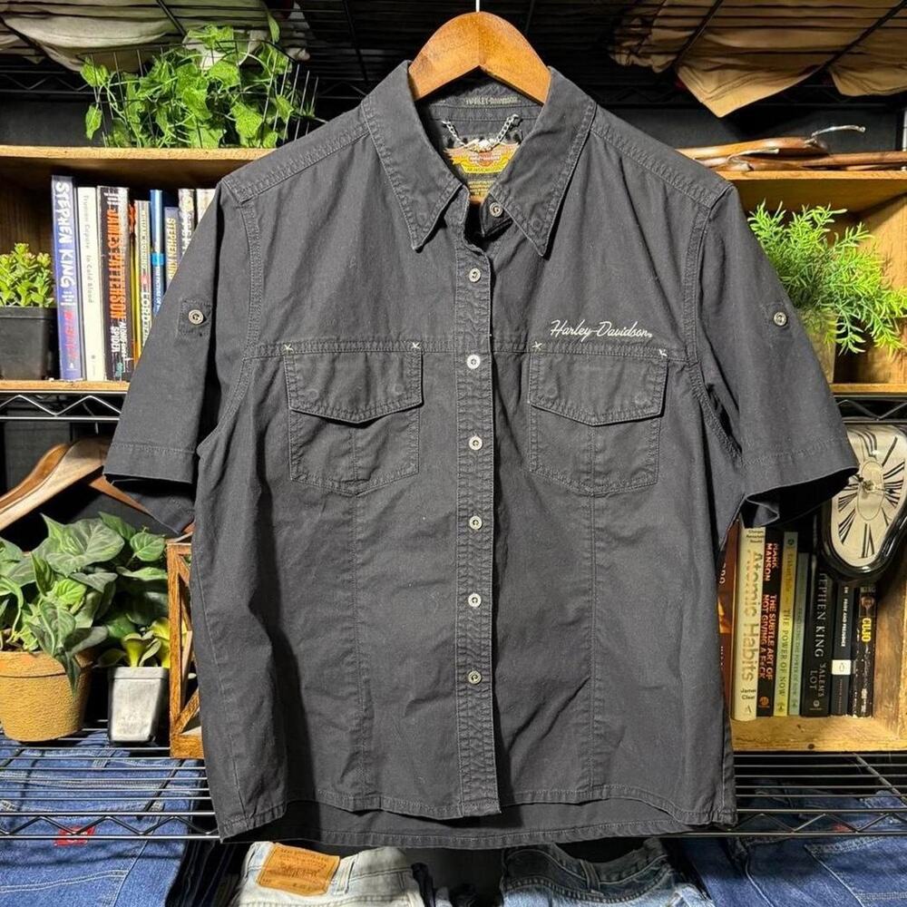 Harley Davidson Studded Button Down Biker Tee Black Gray Embroidered Shirt Large